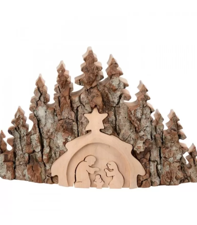 Best Sale Crèche De Noël Taillee Dans Une Ecorce De Bois, Motif Etable, 20 Cm Crèche De Noël Artisanale