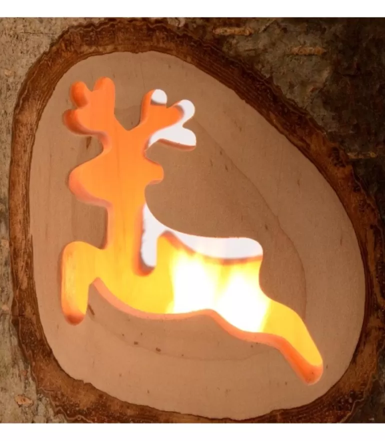 Hot Photophore En Bois Avec 2 Motifs En Bois Cisele, Renne Photophore Bois