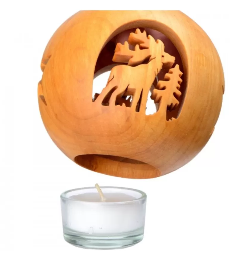 Flash Sale Photophore En Bois Forme Spherique, Motif Cerf En Foret Photophore Bois