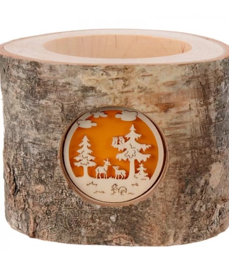 Sale Photophore En Rondin De Bois, 1 Motif Animaux De La Foret Photophore Bois