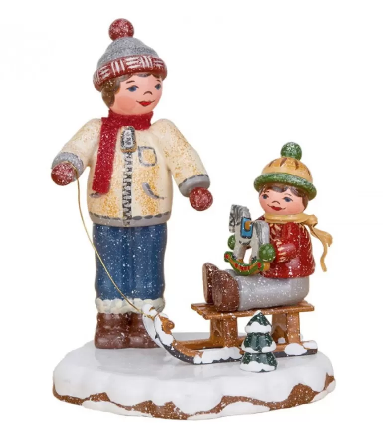 Best Village De Noël Miniature, Garcon Et Petit Frere Sur Luge Village De Noël Miniature